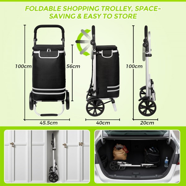 STO5546 - 3-in-1 Isolierter 56-L Einkaufswagen & Rucksack – Faltbarer Aluminiumrahmen mit Reflexstreifen - Schwarz