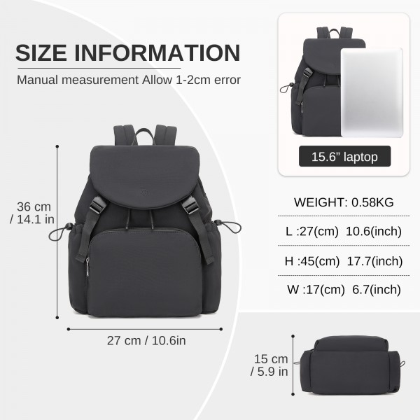 BPM2610 - Miss Lulu Lightweight Nylon Drawstring Backpack – Casual Daily Rucksack with 13 Inch Laptop Sleeve for Travel & Commute - Black