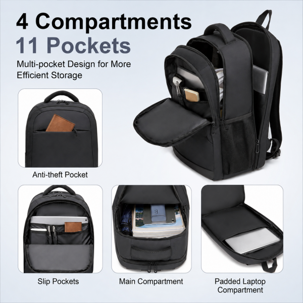 BPN2607 - Trendy Laptop Backpack,Soft Padded,Practical,Organized Storage,Lightweight 15.6" Notebook Bag for Work, School & Travel - Black