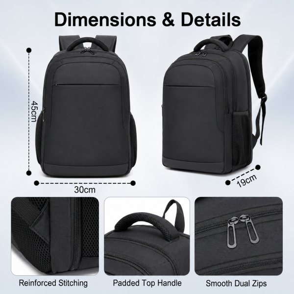 BPN2607 - Trendy Laptop Backpack,Soft Padded,Practical,Organized Storage,Lightweight 15.6" Notebook Bag for Work, School & Travel - Black