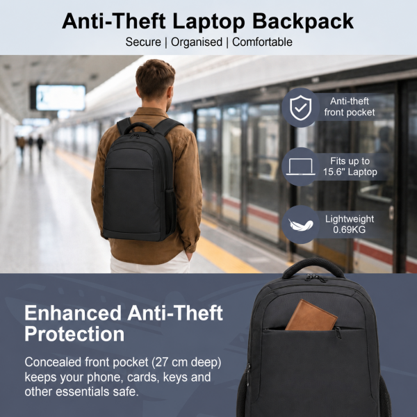 BPN2607 - Trendy Laptop Backpack,Soft Padded,Practical,Organized Storage,Lightweight 15.6" Notebook Bag for Work, School & Travel - Black