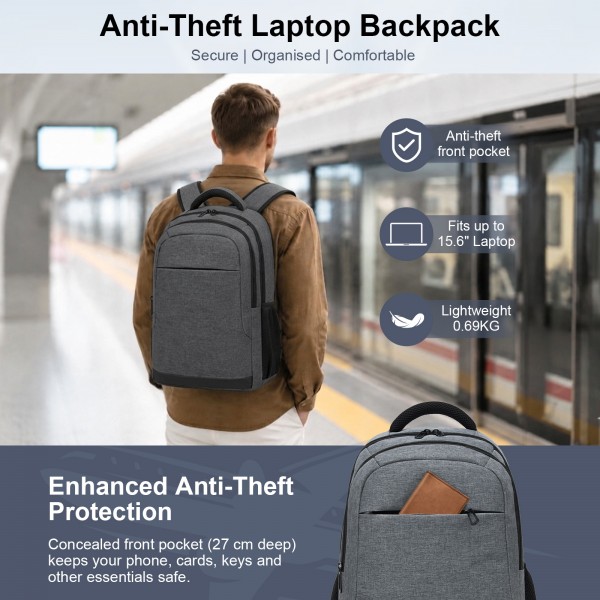 BPN2607 - Trendy Laptop Backpack,Soft Padded,Practical,Organized Storage,Lightweight 15.6" Notebook Bag for Work, School & Travel - Grey