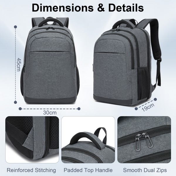 BPN2607 - Trendy Laptop Backpack,Soft Padded,Practical,Organized Storage,Lightweight 15.6" Notebook Bag for Work, School & Travel - Grey