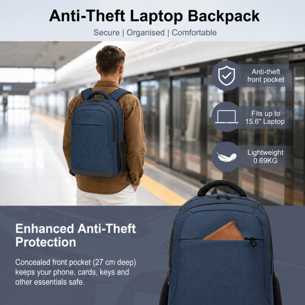 BPN2607 - Trendy Laptop Backpack,Soft Padded,Practical,Organized Storage,Lightweight 15.6" Notebook Bag for Work, School & Travel - Navy