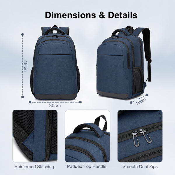 BPN2607 - Trendy Laptop Backpack,Soft Padded,Practical,Organized Storage,Lightweight 15.6" Notebook Bag for Work, School & Travel - Navy