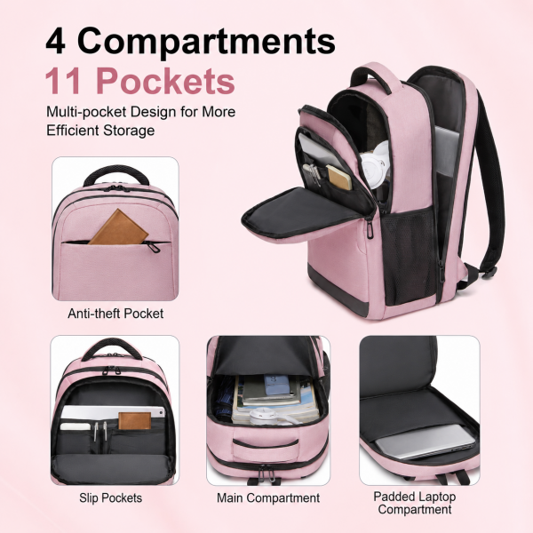 BPN2607 - Trendy Laptop Backpack,Soft Padded,Practical,Organized Storage,Lightweight 15.6" Notebook Bag for Work, School & Travel - Pink