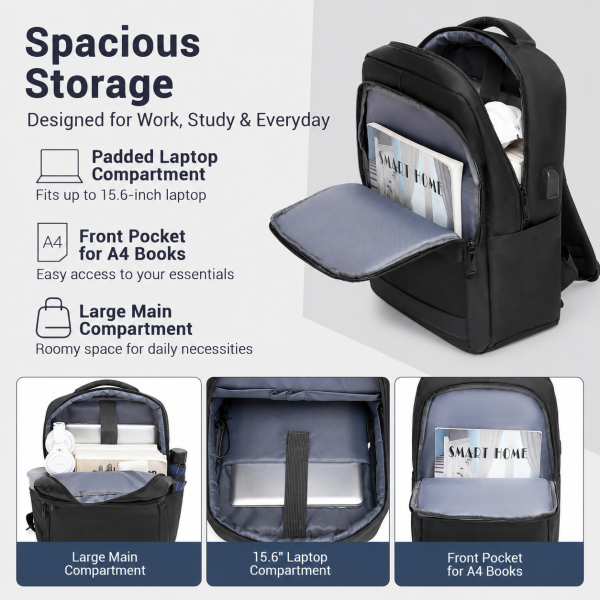 BPS2603 - Premium Laptop Backpack, 15.6 Inch USB Charging Backpack with Padded Laptop Sleeve, Ideal for Work and Commuting - Black