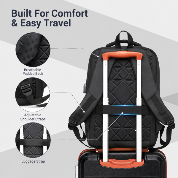 BPS2603 - Premium Laptop Backpack, 15.6 Inch USB Charging Backpack with Padded Laptop Sleeve, Ideal for Work and Commuting - Black