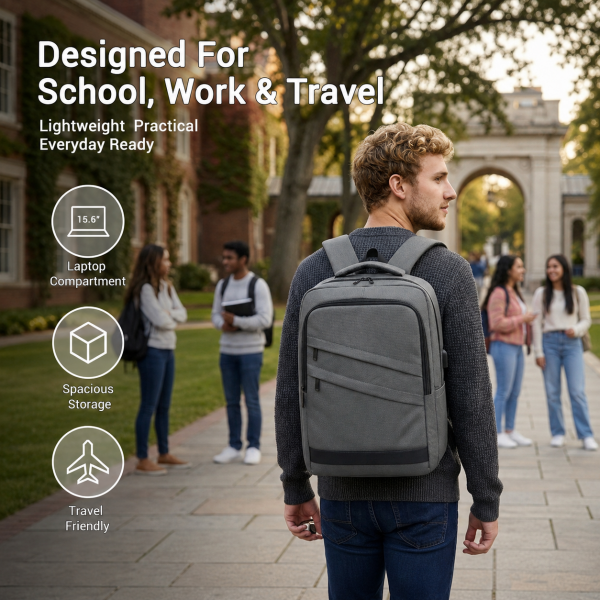 BPS2603 - Premium Laptop Backpack, 15.6 Inch USB Charging Backpack with Padded Laptop Sleeve, Ideal for Work and Commuting - Grey