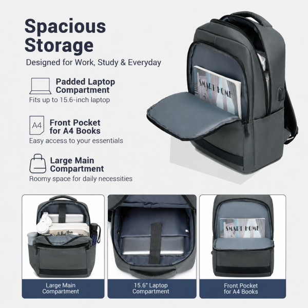 BPS2603 - Premium Laptop Backpack, 15.6 Inch USB Charging Backpack with Padded Laptop Sleeve, Ideal for Work and Commuting - Grey