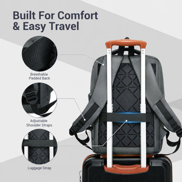 BPS2603 - Premium Laptop Backpack, 15.6 Inch USB Charging Backpack with Padded Laptop Sleeve, Ideal for Work and Commuting - Grey