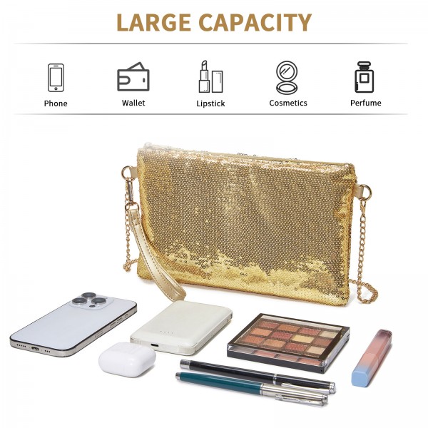 CLS2512 - Glam Sparkle Sequin Evening Clutch-Sleek, Shimmering Wristlet & Crossbody - Gold