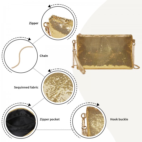 CLS2512 - Glam Sparkle Sequin Evening Clutch-Sleek, Shimmering Wristlet & Crossbody - Gold