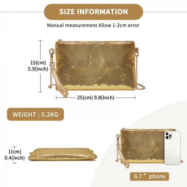 CLS2512 - Glam Sparkle Sequin Evening Clutch-Sleek, Shimmering Wristlet & Crossbody - Gold