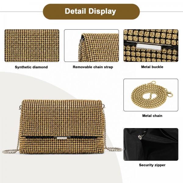 CLS2625 - Rhinestone Clutch Bag, Detachable Metal Chain Evening Bag,  Synthetic Diamond Crossbody Shoulder Handbag for Wedding Party Prom - Gold