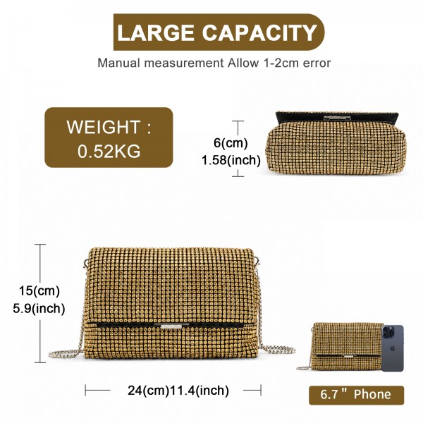 CLS2625 - Rhinestone Clutch Bag, Detachable Metal Chain Evening Bag,  Synthetic Diamond Crossbody Shoulder Handbag for Wedding Party Prom - Gold