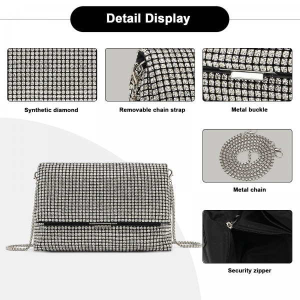 CLS2625 - Rhinestone Clutch Bag, Detachable Metal Chain Evening Bag,  Synthetic Diamond Crossbody Shoulder Handbag for Wedding Party Prom - Silver