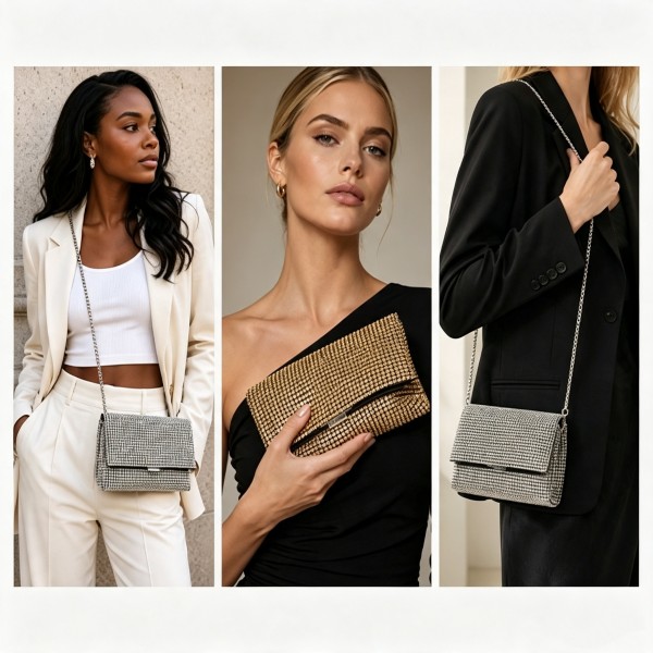 CLS2625 - Rhinestone Clutch Bag, Detachable Metal Chain Evening Bag,  Synthetic Diamond Crossbody Shoulder Handbag for Wedding Party Prom - Silver