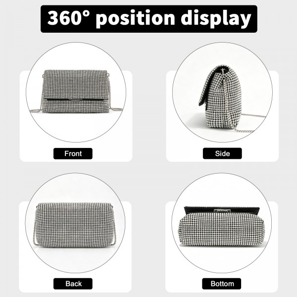 CLS2625 - Rhinestone Clutch Bag, Detachable Metal Chain Evening Bag,  Synthetic Diamond Crossbody Shoulder Handbag for Wedding Party Prom - Silver
