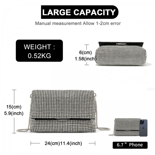 CLS2625 - Rhinestone Clutch Bag, Detachable Metal Chain Evening Bag,  Synthetic Diamond Crossbody Shoulder Handbag for Wedding Party Prom - Silver