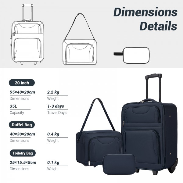 KSN2586 - 3‑teiliges Weichgepäck-Set 20 Zoll mit Kabinen-Schultertasche & Kulturbeutel, leichtes Handgepäck-Reiseset - Marineblau