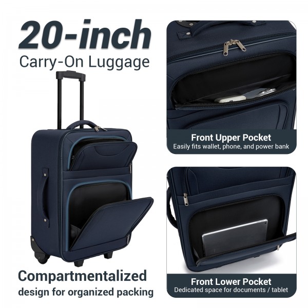 KSN2586 - 3‑teiliges Weichgepäck-Set 20 Zoll mit Kabinen-Schultertasche & Kulturbeutel, leichtes Handgepäck-Reiseset - Marineblau