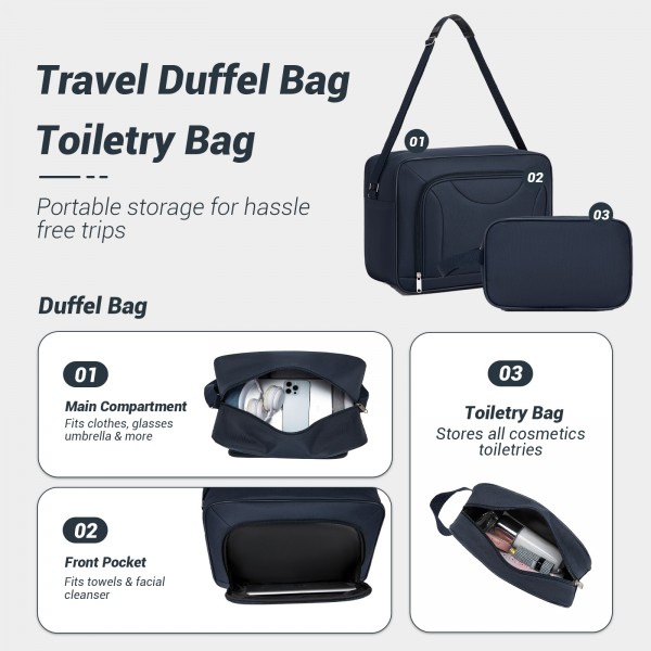 KSN2586 - 3‑teiliges Weichgepäck-Set 20 Zoll mit Kabinen-Schultertasche & Kulturbeutel, leichtes Handgepäck-Reiseset - Marineblau