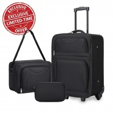 KSN2586 - 3‑teiliges Weichgepäck-Set 20 Zoll mit Kabinen-Schultertasche & Kulturbeutel, leichtes Handgepäck-Reiseset - Schwarz