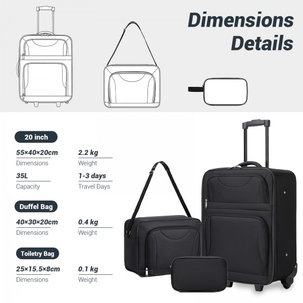 KSN2586 - 3‑teiliges Weichgepäck-Set 20 Zoll mit Kabinen-Schultertasche & Kulturbeutel, leichtes Handgepäck-Reiseset - Schwarz