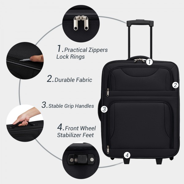 KSN2586 - 3‑teiliges Weichgepäck-Set 20 Zoll mit Kabinen-Schultertasche & Kulturbeutel, leichtes Handgepäck-Reiseset - Schwarz