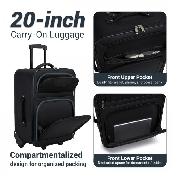 KSN2586 - 3‑teiliges Weichgepäck-Set 20 Zoll mit Kabinen-Schultertasche & Kulturbeutel, leichtes Handgepäck-Reiseset - Schwarz