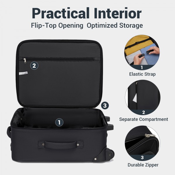 KSN2586 - 3‑teiliges Weichgepäck-Set 20 Zoll mit Kabinen-Schultertasche & Kulturbeutel, leichtes Handgepäck-Reiseset - Schwarz