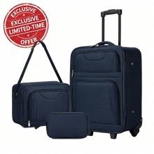 KSN2586 - 3 Piece 20 Inch Soft-shell Luggage Set with Cabin Shoulder Bag & Toiletry Bag, Lightweight Carry-On Travel Combo - Navy KSN2586 - 3 Piece 20 Inch Soft-shell Luggage Set with Cabin Shoulder Bag & Toiletry Bag, Lightweight Carry-On Travel Combo - Navy