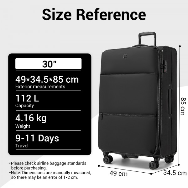 KSN2593 - Leichte Softshell-Walizka von 30 Zoll für Frauen mit Drehrollen und geräumigen Fächern - Schwarz