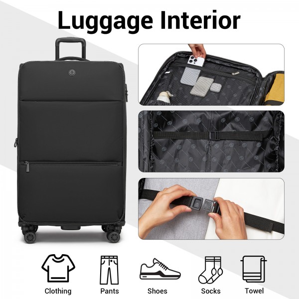 KSN2593 - Leichte Softshell-Walizka von 30 Zoll für Frauen mit Drehrollen und geräumigen Fächern - Schwarz