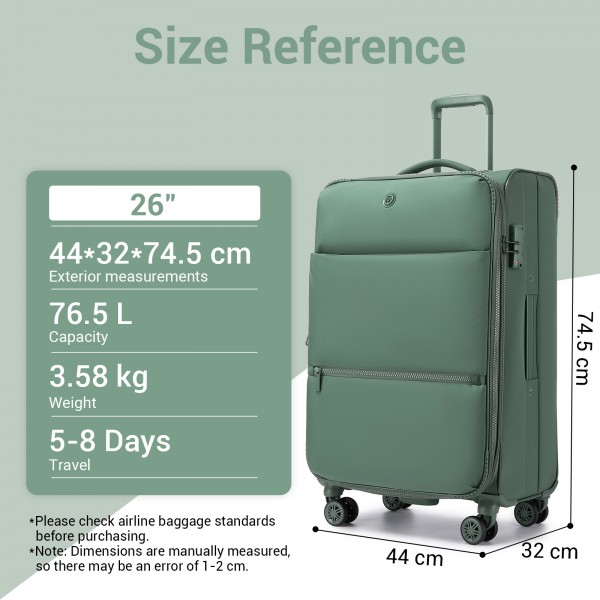 KSN2593 - Leichte Softshell-Walizka von 26 Zoll für Frauen mit Drehrollen und geräumigen Fächern - Grün