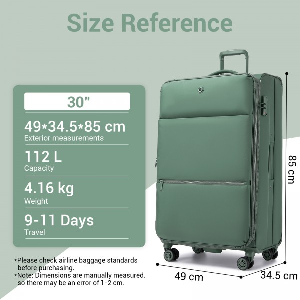 KSN2593 - 3‑teiliges erweiterbares Weichschalen-Kofferset 20/26/30 Zoll, leichte Koffer mit lautlosen Rädern und übersichtlichem Innenraum für Reisen - Grün