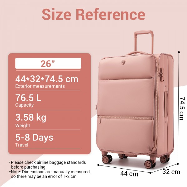 KSN2593 - 3‑teiliges erweiterbares Weichschalen-Kofferset 20/26/30 Zoll, leichte Koffer mit lautlosen Rädern und übersichtlichem Innenraum für Reisen - Rosa