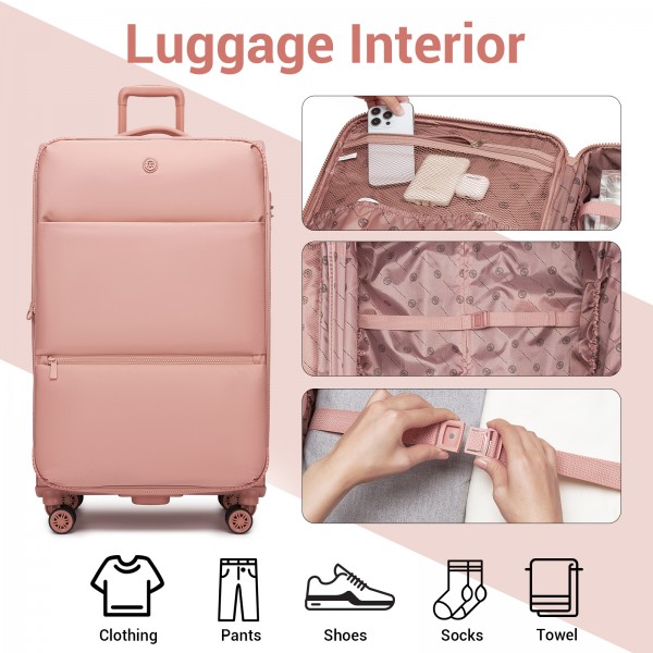 KSN2593 - 3‑teiliges erweiterbares Weichschalen-Kofferset 20/26/30 Zoll, leichte Koffer mit lautlosen Rädern und übersichtlichem Innenraum für Reisen - Rosa