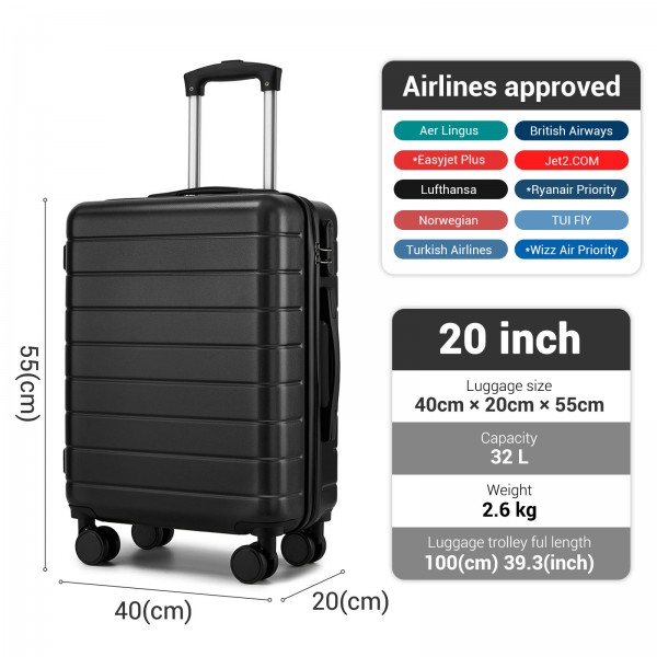 KSN2691 - 20 Zoll Handgepäckkoffer, leichter ABS-Hartschalenkoffer mit 360° lautlosen Rädern, Zahlenschloss und übersichtlichem Innenraum - Schwarz