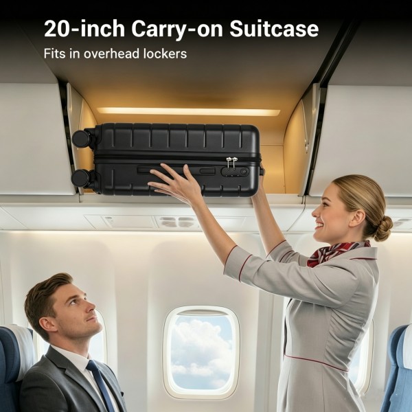 KSN2691 - 20 Zoll Handgepäckkoffer, leichter ABS-Hartschalenkoffer mit 360° lautlosen Rädern, Zahlenschloss und übersichtlichem Innenraum - Schwarz