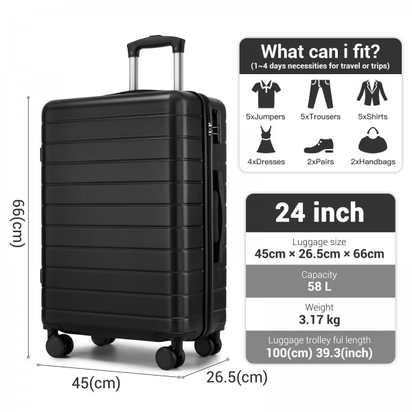 KSN2691 - 24 Zoll Reisegepäckkoffer, robuster ABS-Hartschalenkoffer mit 360° lautlosen Rollen und sicherem Zahlenschloss - Schwarz