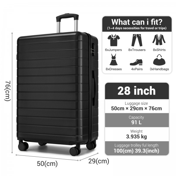 KSN2691 - 28 Zoll großer Reisegepäckkoffer, hochwertiger ABS-Hartschalenkoffer mit 360° lautlosen Rädern und sicherem Zahlenschloss - Schwarz