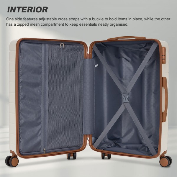 KSN2691 - 24 Zoll Reisegepäckkoffer, robuster ABS-Hartschalenkoffer mit 360° lautlosen Rollen und sicherem Zahlenschloss - Creme und Braun