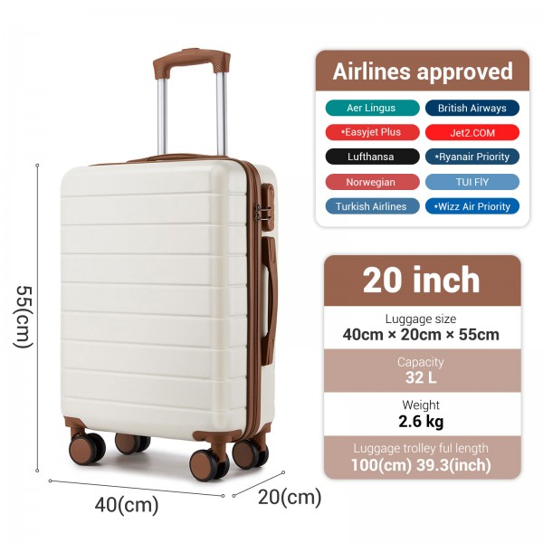 KSN2691 - 20 Zoll Handgepäckkoffer, leichter ABS-Hartschalenkoffer mit 360° lautlosen Rädern, Zahlenschloss und übersichtlichem Innenraum - Creme und Braun