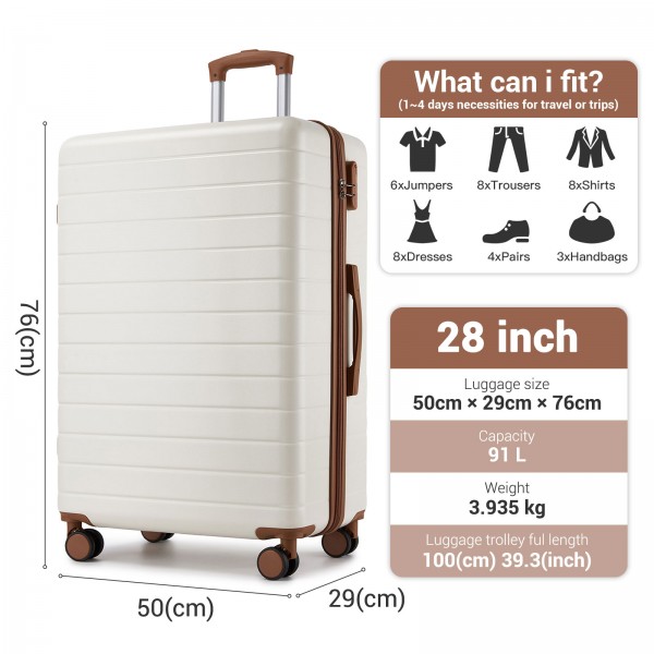 KSN2691 - 28 Zoll großer Reisegepäckkoffer, hochwertiger ABS-Hartschalenkoffer mit 360° lautlosen Rädern und sicherem Zahlenschloss - Creme und Braun