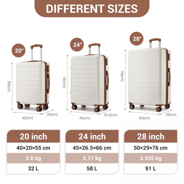 KSN2691 - 3‑teiliges Hartschalen-Kofferset (20/24/28 Zoll), leichte ABS-Koffer mit lautlosen Rädern und Zahlenschlössern - Creme und Braun