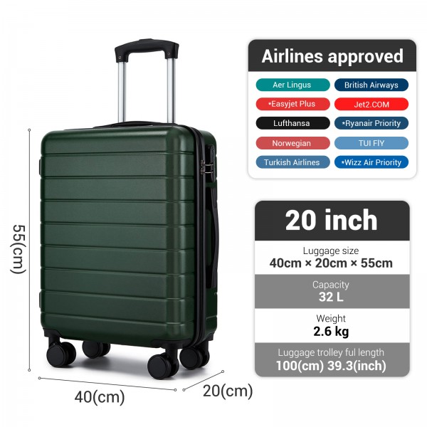 KSN2691 - 20 Zoll Handgepäckkoffer, leichter ABS-Hartschalenkoffer mit 360° lautlosen Rädern, Zahlenschloss und übersichtlichem Innenraum - Grün