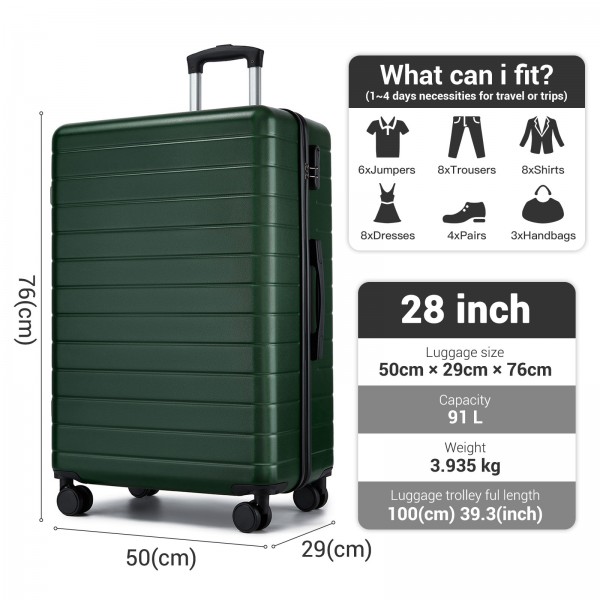 KSN2691 - 28 Zoll großer Reisegepäckkoffer, hochwertiger ABS-Hartschalenkoffer mit 360° lautlosen Rädern und sicherem Zahlenschloss - Grün