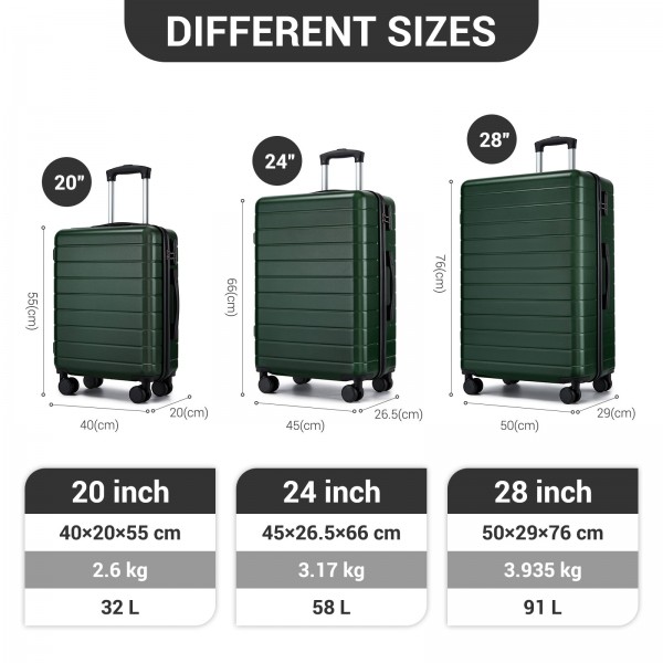 KSN2691 - 3‑teiliges Hartschalen-Kofferset (20/24/28 Zoll), leichte ABS-Koffer mit lautlosen Rädern und Zahlenschlössern - Grün